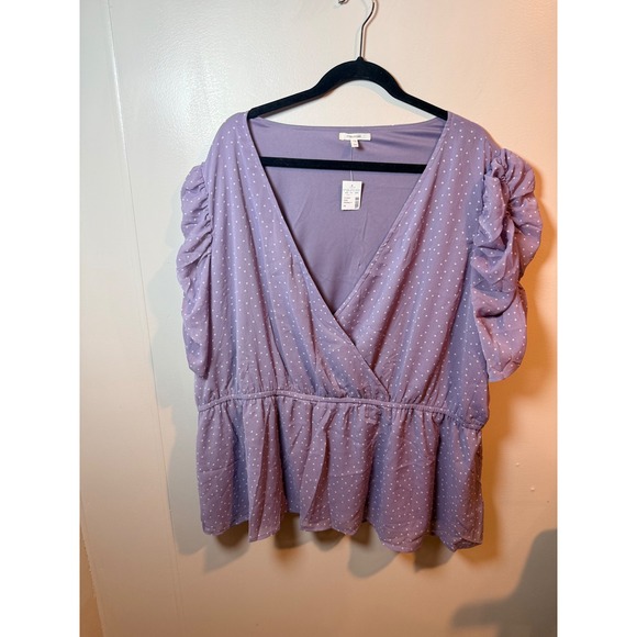 Maurices Purple Polka Dot Ruffled Sleeve Peplum Wrap Blouse Plus Size 3X - Picture 2 of 8